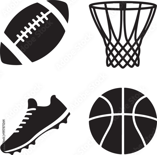 Various sports equipment silhouettes including football basketball hoop shoe