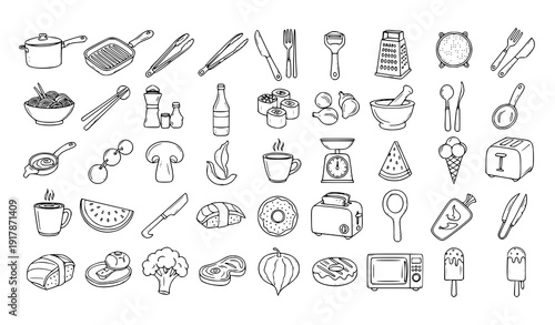 White outline hand drawn kitchen utensil and food icon collection culinary doodle vector set