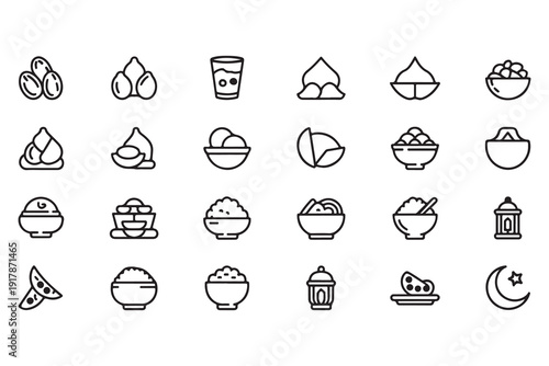 Islamic fasting month iftar food line icon collection featuring dates soup bowl water lantern and moon