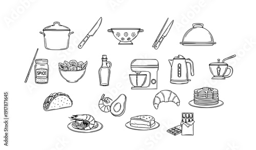 Diverse kitchen utensils and gourmet food white outline hand drawn icon infographic vector
