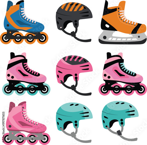 Colorful roller skates and protective helmets vector illustration set isolated on white background, inline skating equipment collection in flat cartoon style for sports design