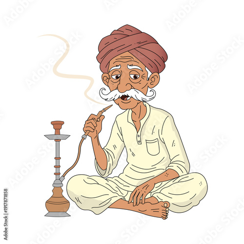 Rajasthani Old Man Smoking Hookah Sitting – Rajasthan Village Culture Vector Illustration