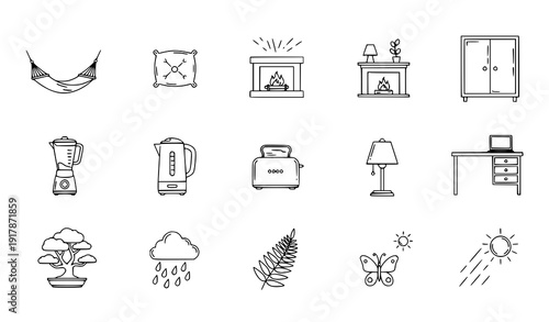 Minimal hand drawn home comfort outline icons furniture appliances and nature infographic vector set