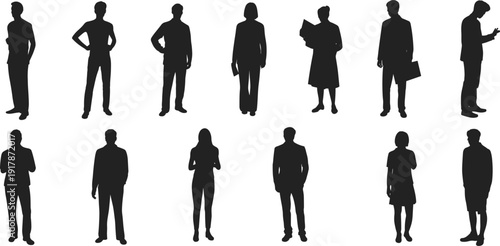 Business people silhouettes set with men and women standing in different poses, office workers and corporate staff collection, isolated black figures on white background.