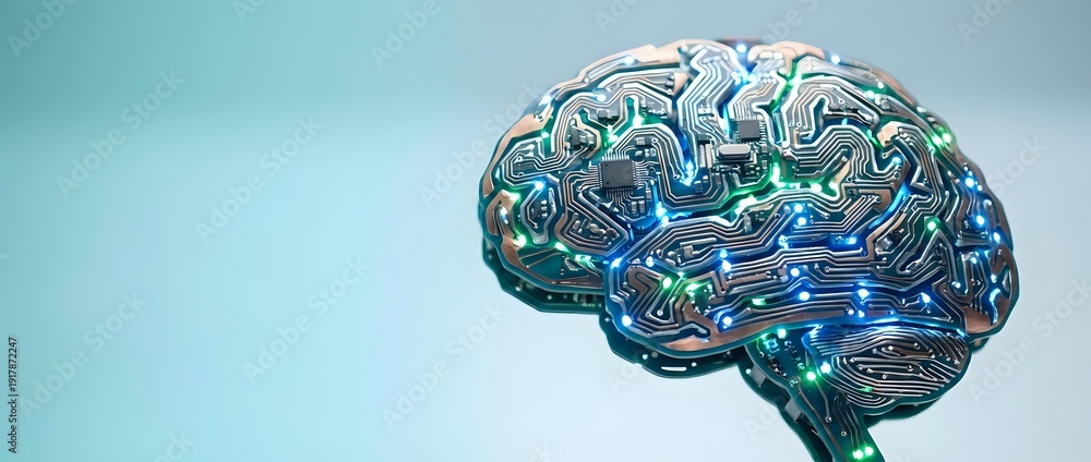 Fototapeta premium Digital brain with circuit patterns and glowing neural networks on gradient background for artificial intelligence and technology concepts.