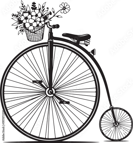 Penny farthing bicycle with flower basket, vintage transport, old fashioned transportation, classic bicycle, floral decoration, nostalgic object, Victorian era travel