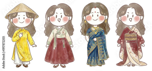 Adorable Characters in Traditional Asian Garments