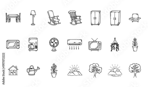 Home comfort doodle outline icon collection furniture appliances and nature decor vector