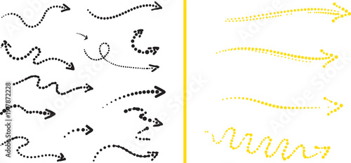 A collection of hand-drawn and dotted vector arrows in black and yellow, featuring organic wavy lines, spirals, and dashed paths to indicate flow, movement, and direction.