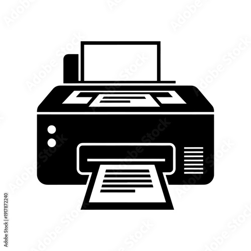 A stark black silhouette of a modern office printer with paper output silhouette