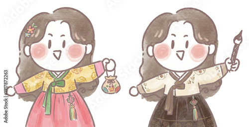 Charming Girls in Hanbok with Traditional Korean Elements
