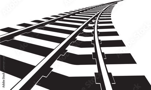 Perspective view of curved railroad tracks, train lines, railway pathway, transportation route, isolated black white vector illustration