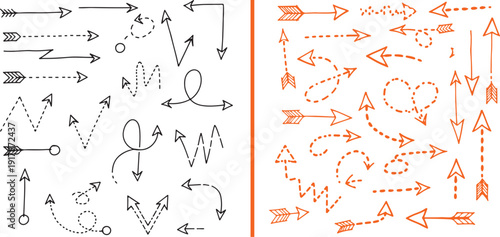 A large collection of hand-drawn and dotted vector arrows in black and orange, featuring various styles like dashed lines, loops, zigzags, and traditional feathered fletching.