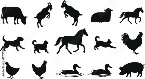 Black silhouettes of farm and domestic animals