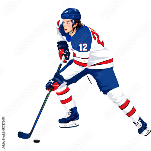 Professional ice hockey player in action skating with stick and puck on white background