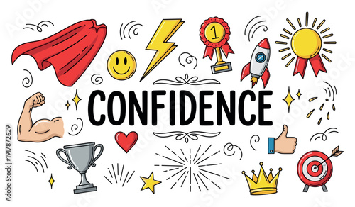 Confidence concept with motivational symbols and doodles