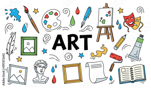 Colorful art supplies and tools with paint, brushes, and canvases