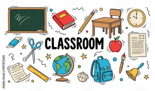 Classroom essentials: chalkboard, desk, globe, and school supplies illustrated