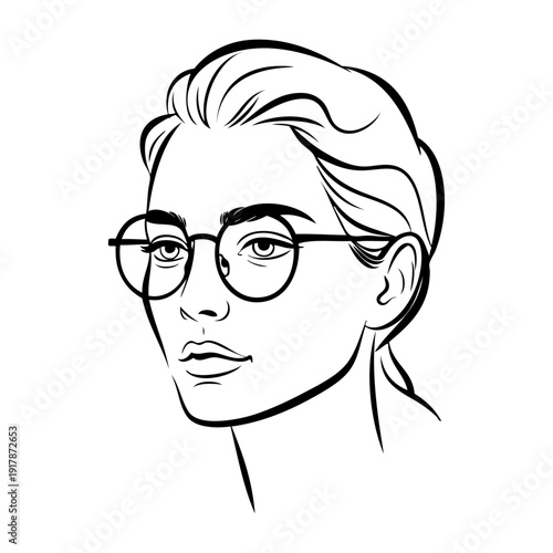 Dibujo sencillo con líneas de la cara de una mujer con lentes