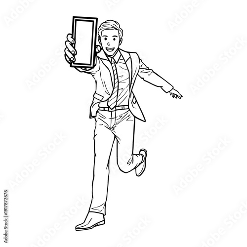 Clean line art of a man showing a cellphone screen