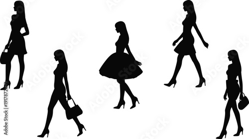 Fashion woman silhouettes set walking in high heels with handbag, elegant female model collection, stylish shopping and lifestyle concept, isolated black figures on white background.