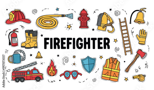 Firefighter equipment icons: tools and gear for firefighting safety and rescue