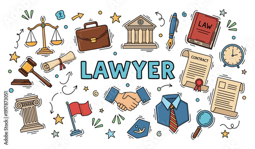 Legal profession icons: scales, briefcase, contracts, judge's gavel, law books