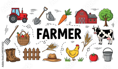 Farm elements collection: tractor, barn, cow, chicken, and fresh produce