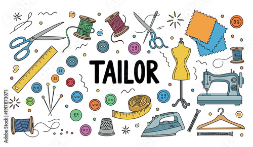 Sewing tools and accessories: scissors, spools, mannequin, and sewing machine