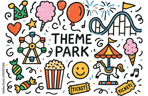 Colorful theme park doodles with rides, snacks, and festive elements