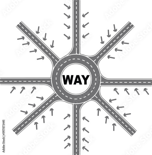 Top view illustration of traffic circle roundabout with eight exits and arrows showing directional flow for navigation