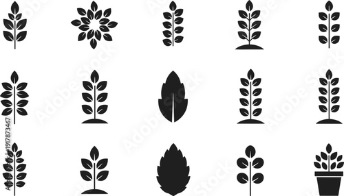 Black seedling and plant growth silhouette icons set, organic sprout symbols, garden foliage elements for eco friendly agriculture logo design,