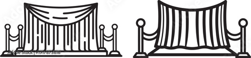 Two linear black and white vector illustrations of grand opening display with draped fabric and stanchions, formal unveiling ceremony concept