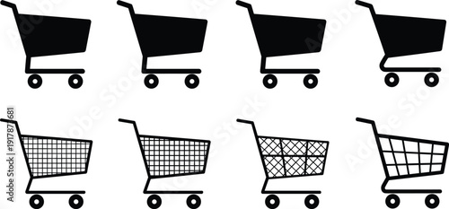 Black shopping cart silhouette icons set, retail market trolley symbols, e-commerce basket shapes, commercial store elements for grocery business logo design,