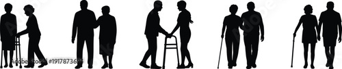 Senior people silhouettes set with elderly men and women walking with cane and walker, retirement healthcare support concept, isolated black figures on white background.