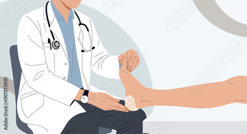 Doctor examining patient's foot with stethoscope, medical check-up illustration