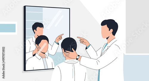 Doctor examines patient's hair in front of mirror, hair loss consultation