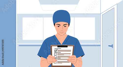 Doctor Holding Clipboard with Checklist in Modern Hospital Room
