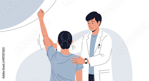 Doctor examining patient's shoulder joint mobility with physical therapy