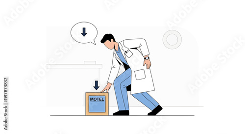 Doctor pushing a box labeled 'MOTEL' with downward arrows indicating movement