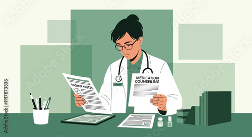 Doctor reviewing medication counseling documents at desk with stethoscope