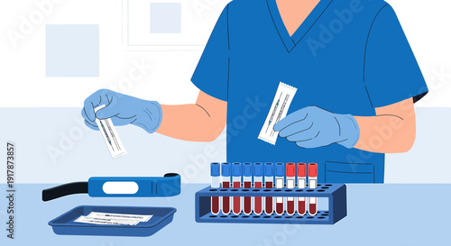 Medical laboratory technician working with blood samples and test tubes