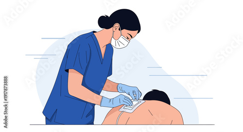 Nurse applying bandage to patient's back in medical clinic, healthcare illustration
