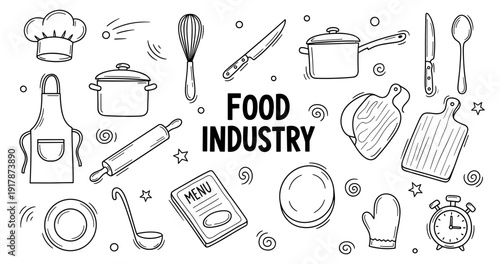 Hand-drawn culinary tools and icons: pots, pans, whisk, chef hat, spoons