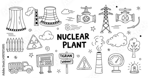 Hand-drawn nuclear plant elements with cooling towers and warning signs