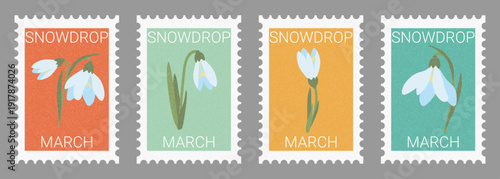 Postage Stamps with Vintage Textuer and Snowdrops. Retro Postcards with Spring Flowers and Old Grunge Attrition Texture. Vintage Floral Postcards Form Postmark. Cute Trendy Modern Vector Illustration