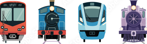 Front view collection of modern metro, steam locomotive, high speed train and vintage railway engine vector illustration isolated on white background minimalist flat design style