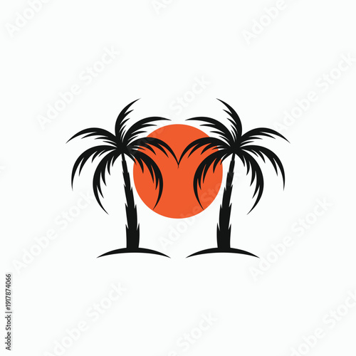 Two palm trees framing a large orange sun tropical silhouette sunset