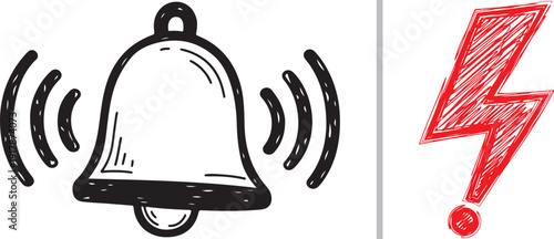 Hand-drawn vector illustration of a ringing black bell next to a red lightning bolt exclamation mark, representing urgent alerts, alarms, and electrical hazard notifications.