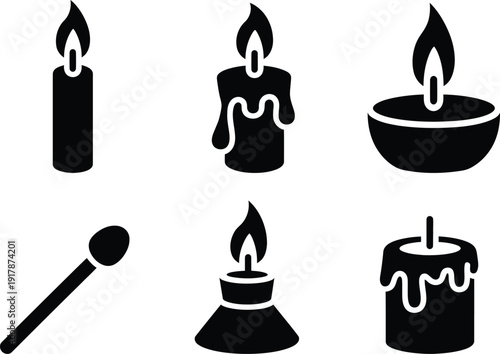 Six Black Candle Icons Including Match Stick Lamp And Dripping Candles vector illustration